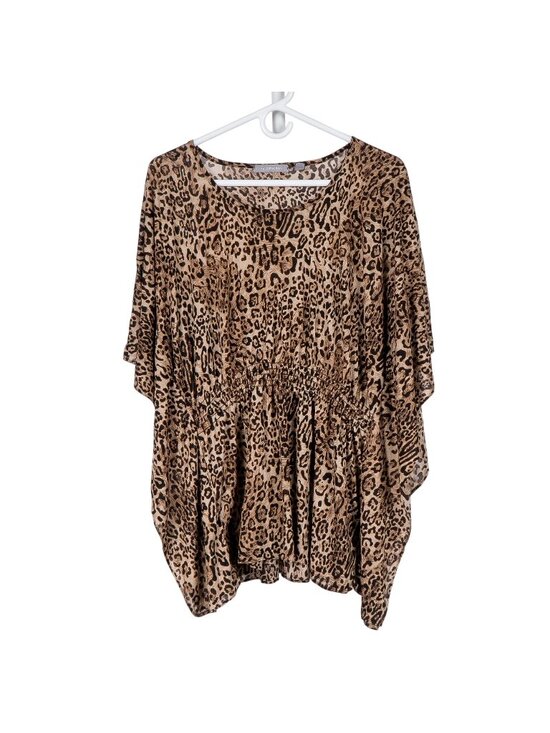 NY Collection Tops - Leopard Print Oversize Blouse Shirt S Women Brown Flutter Sleeve Smocking Stitch